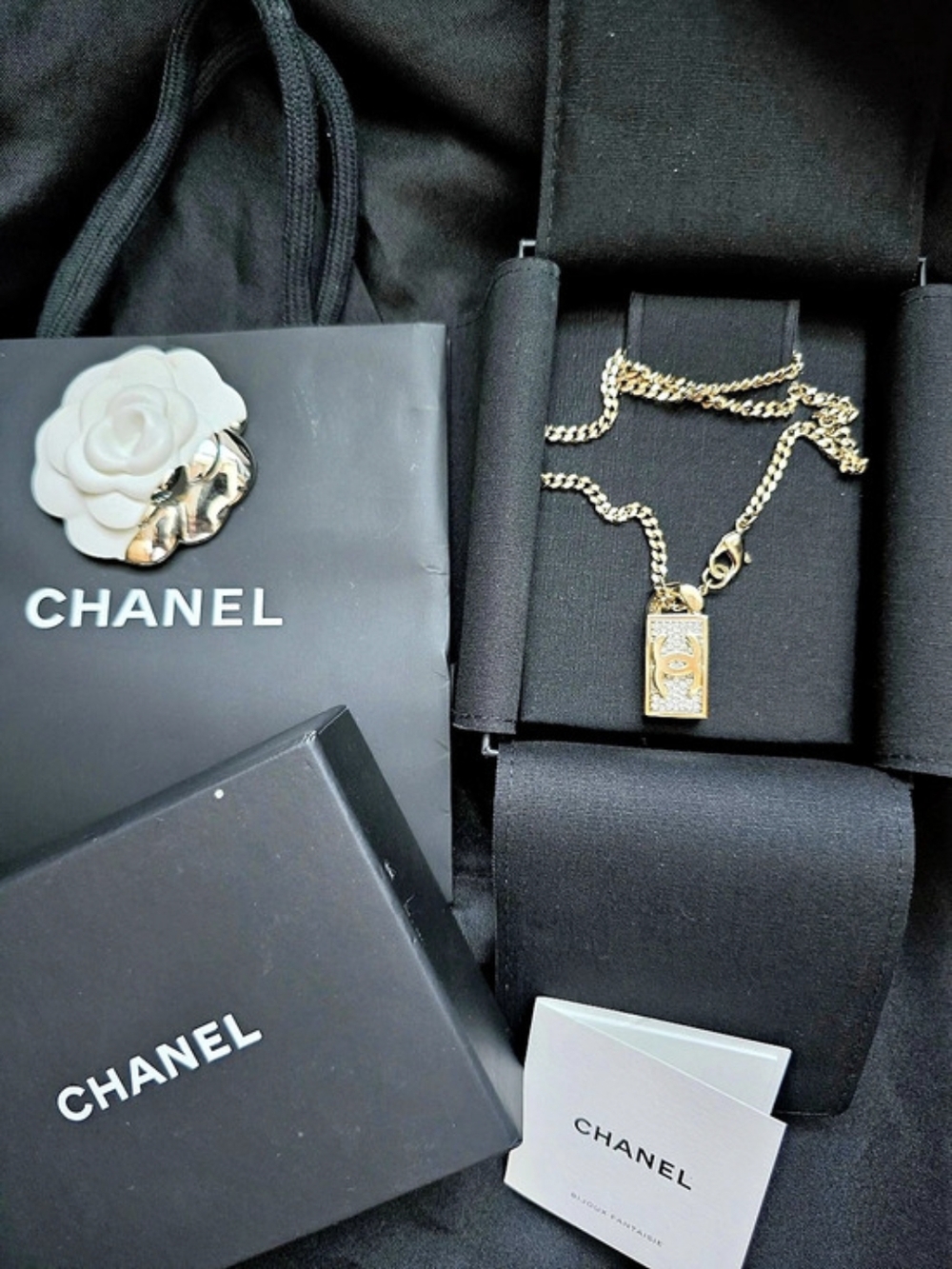 Authentic Chanel B21V Crystal CC Rectangular Tag Pendant Necklace